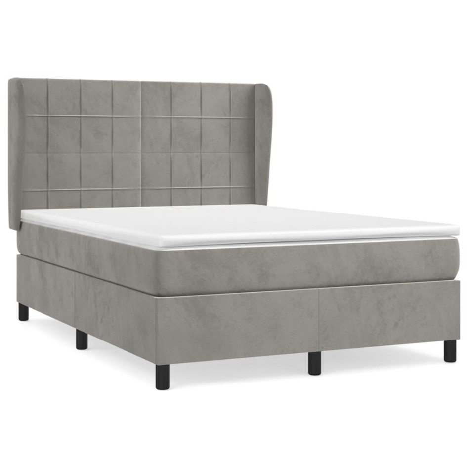 Cama box spring con colchón terciopelo gris claro 140x200
