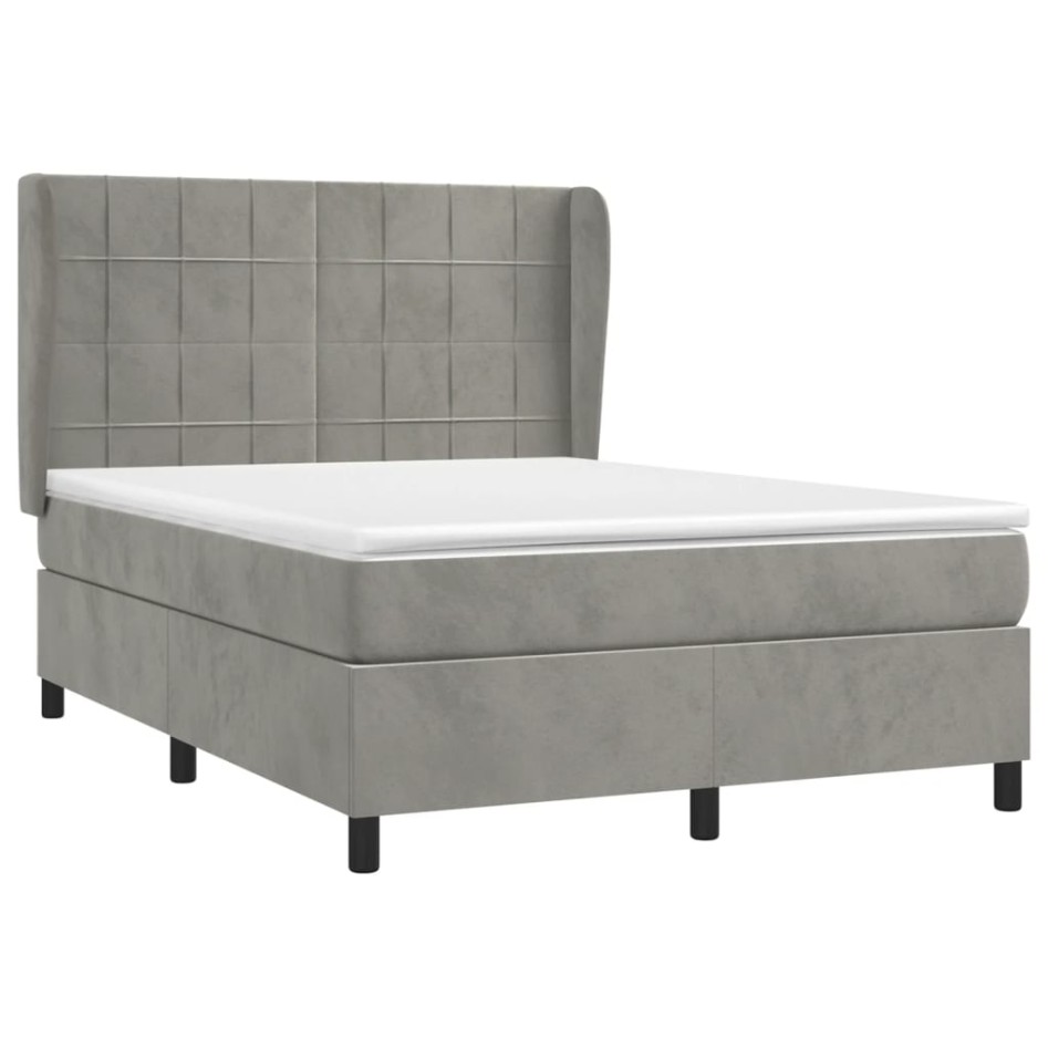 Cama box spring con colchón terciopelo gris claro 140x200