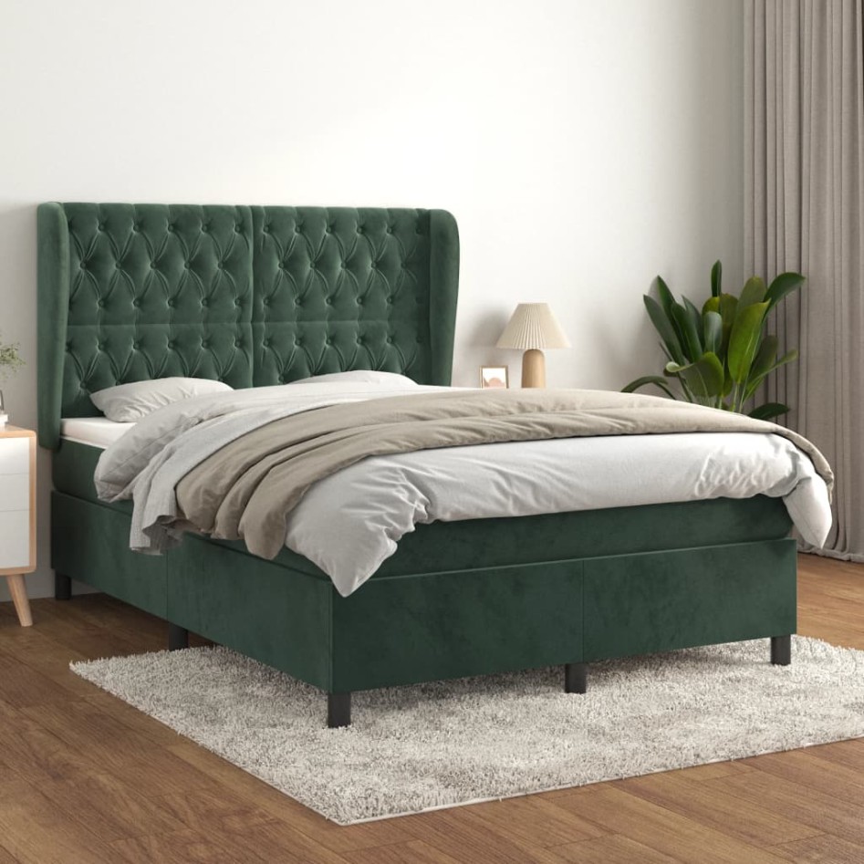 Cama box spring con colchón terciopelo verde oscuro 140x200
