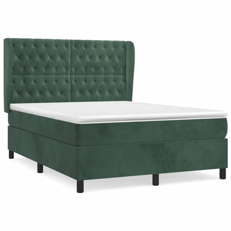 Cama box spring con colchón terciopelo verde oscuro 140x200
