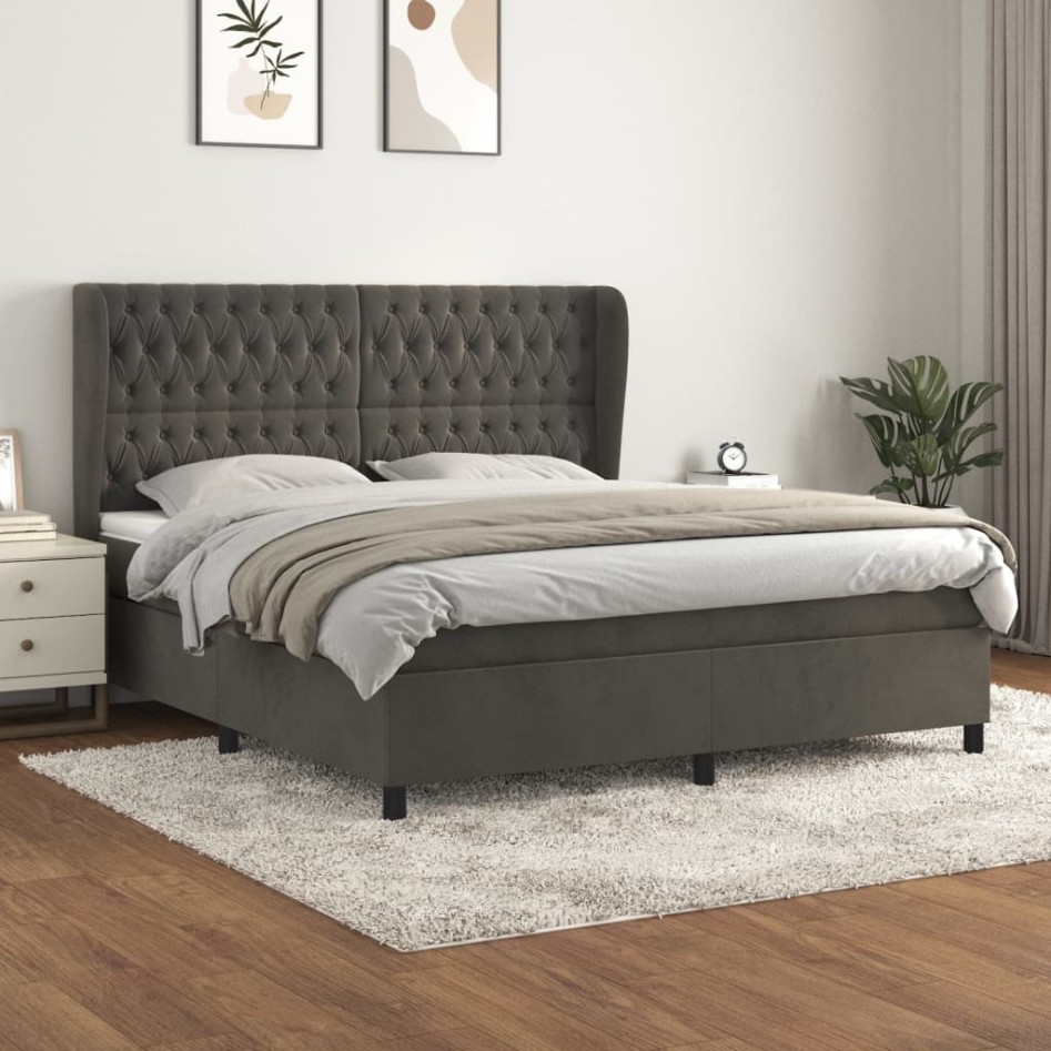 Cama box spring con colchón terciopelo gris oscuro 180x200