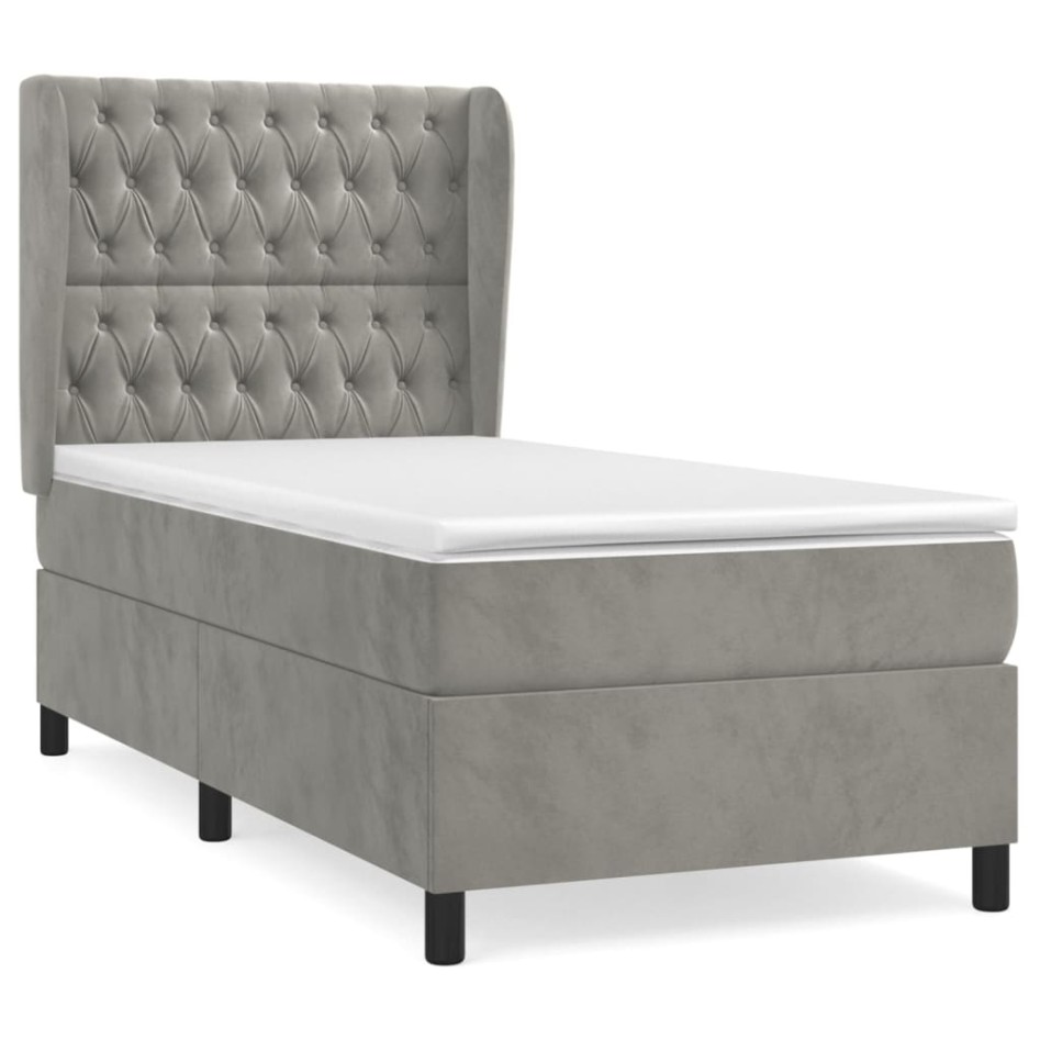 Cama box spring con colchón terciopelo gris claro 90x190