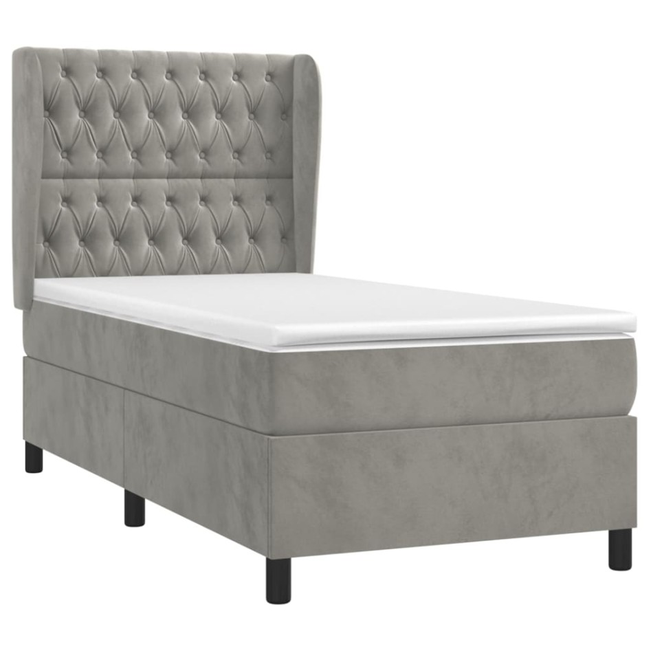 Cama box spring con colchón terciopelo gris claro 90x190
