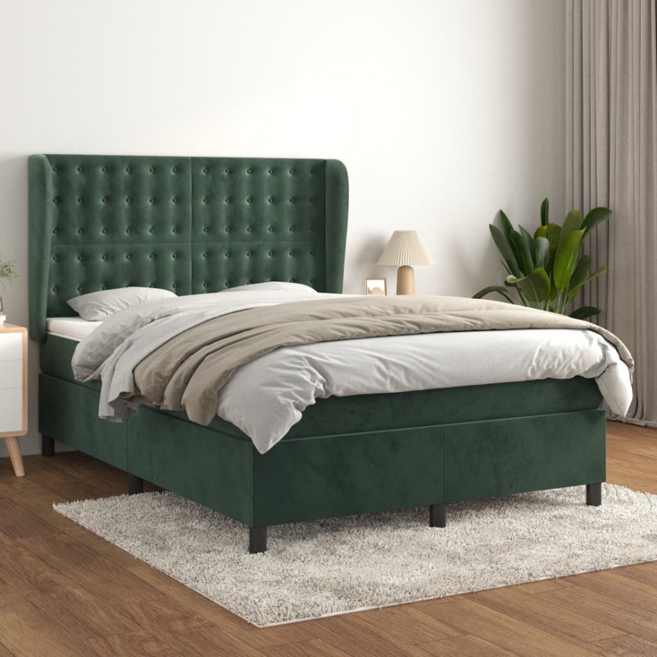 Cama box spring con colchón terciopelo verde oscuro 140x190