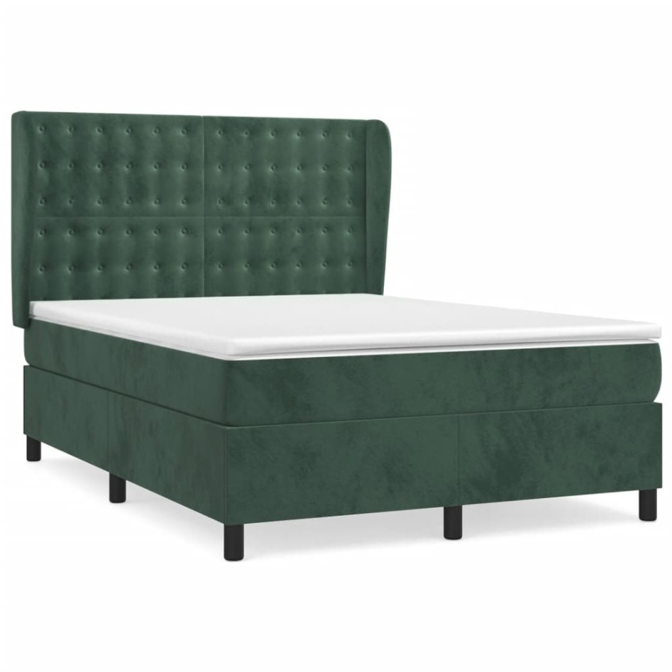 Cama box spring con colchón terciopelo verde oscuro 140x190