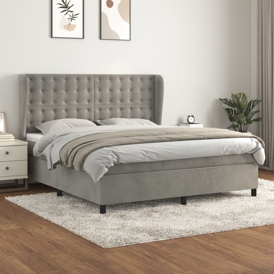 Cama box spring con colchón terciopelo gris claro 180x200