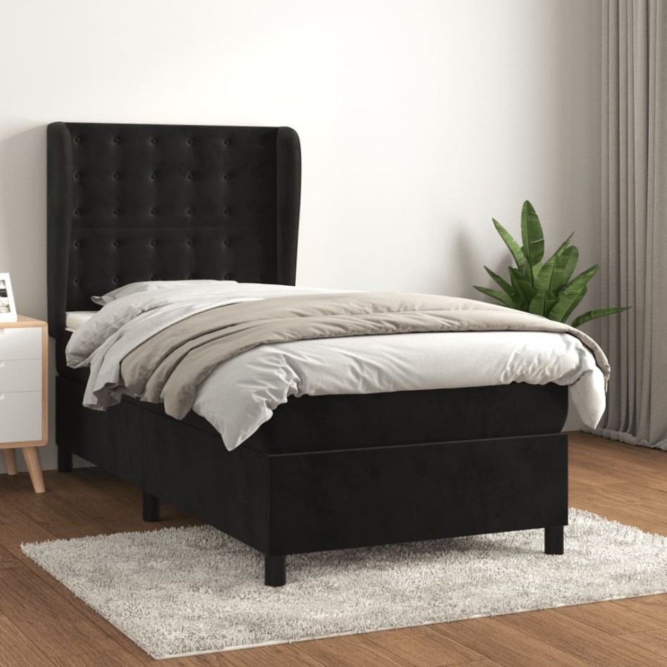 Cama box spring con colchón cuero sintético negro 90x190