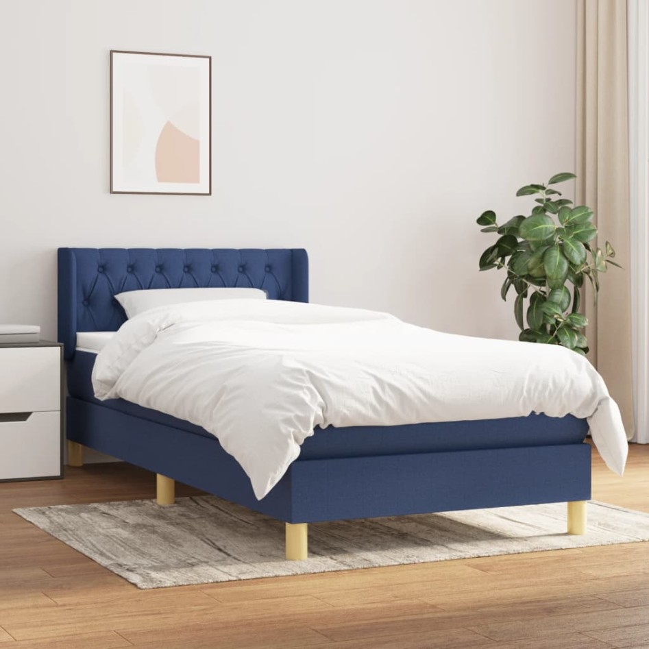 Cama box spring con colchón tela azul 90x190