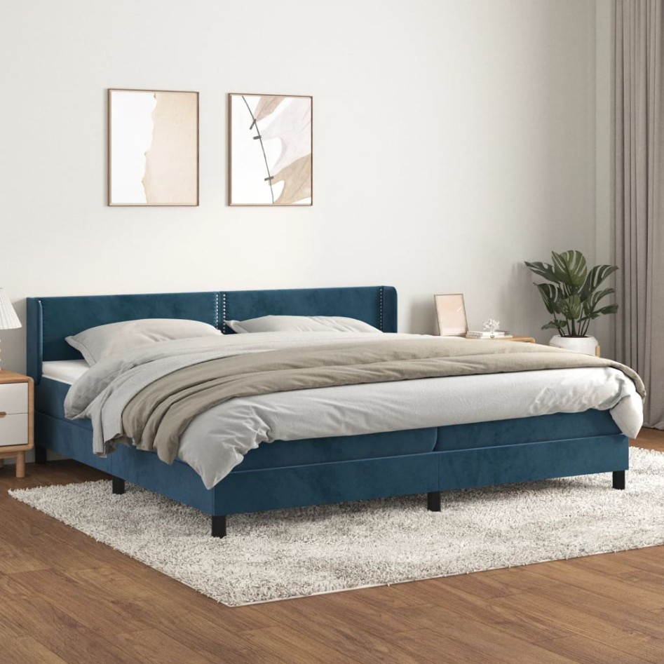 Cama box spring con colchón terciopelo azul oscuro 200x200