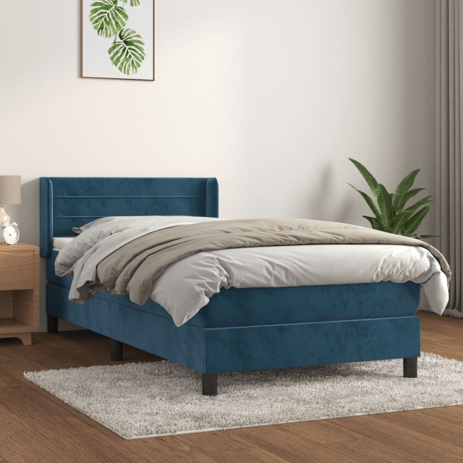 Cama box spring con colchón terciopelo azul oscuro 80x200