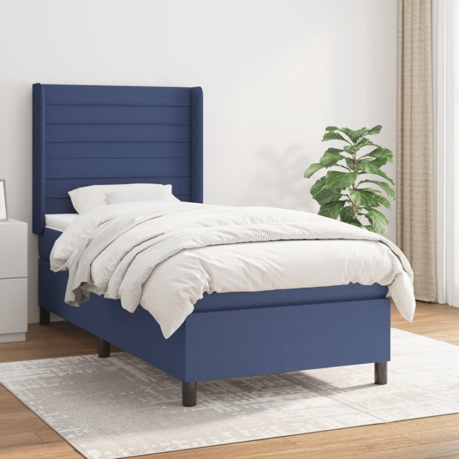 Cama box spring con colchón tela azul 100x200