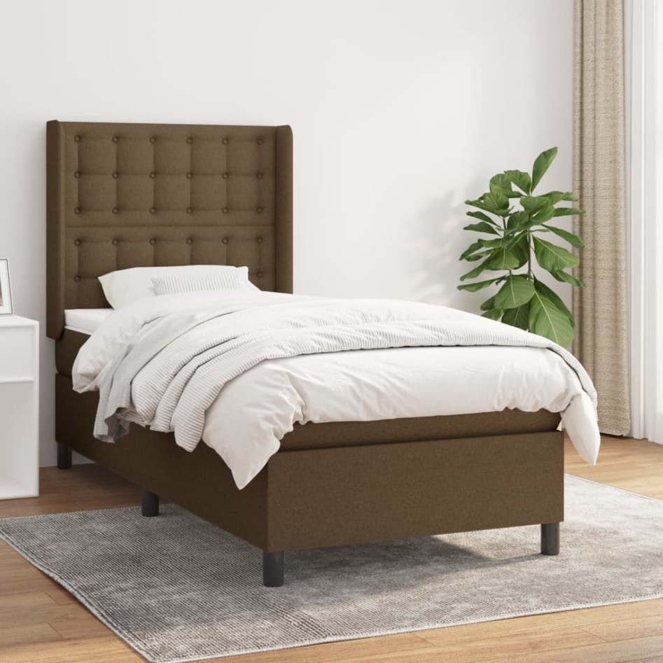 Cama box spring con colchón tela marrón oscuro 100x200
