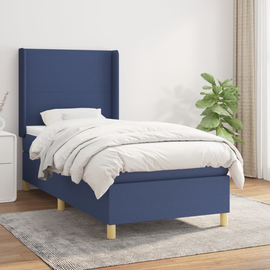 Cama box spring con colchón tela azul 80x200