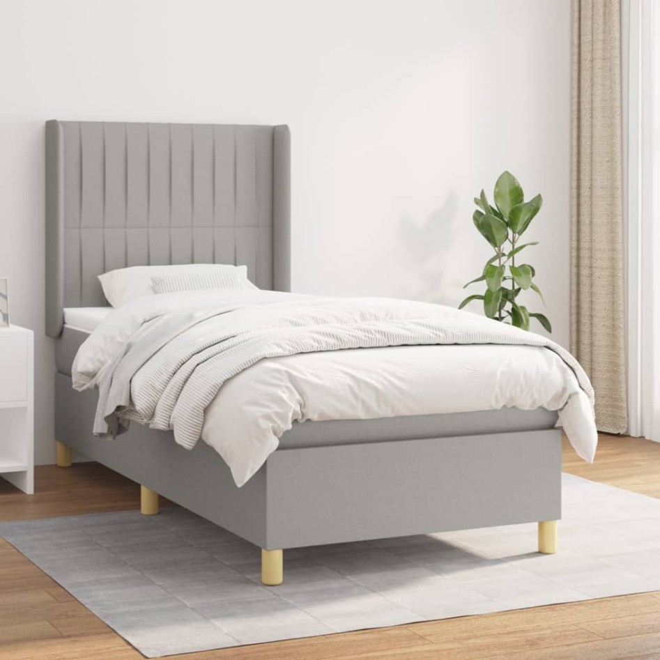 Cama box spring con colchón tela gris claro 80x200