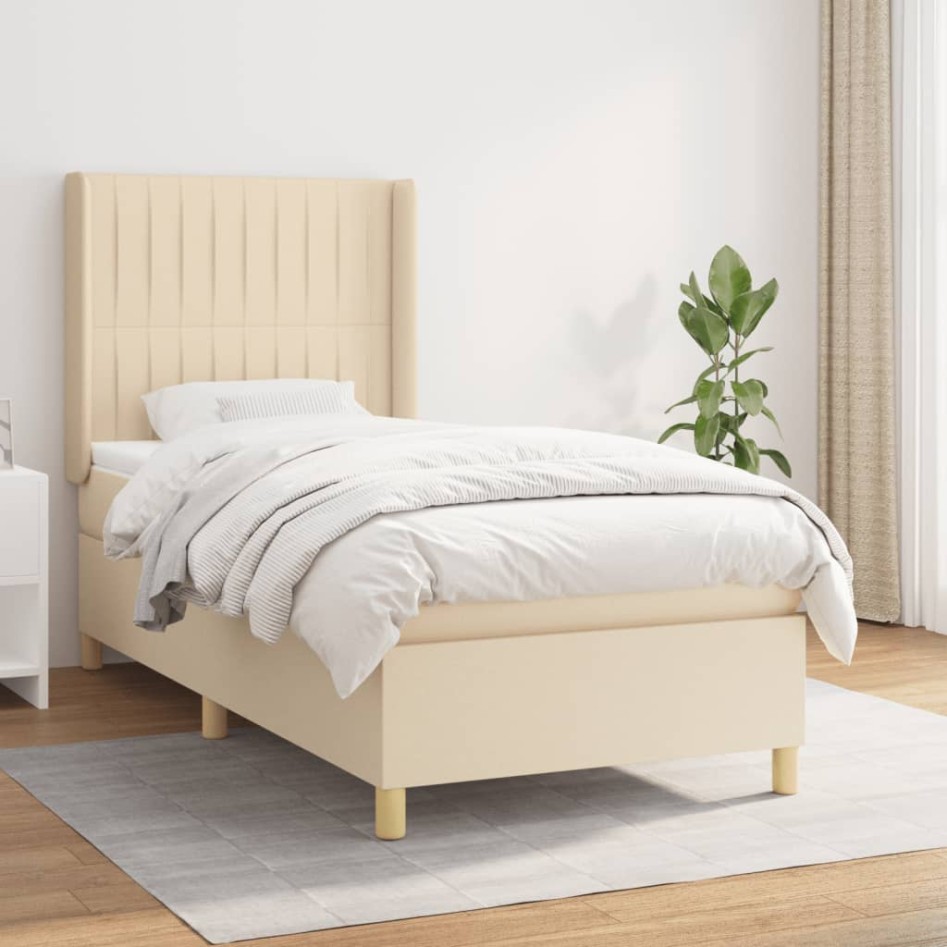 Cama box spring con colchón tela color crema 90x200