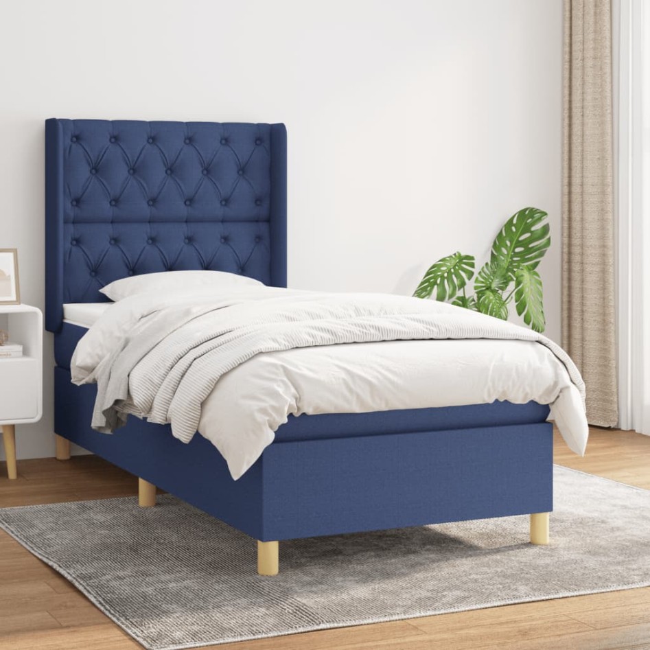 Cama box spring con colchón tela azul 80x200