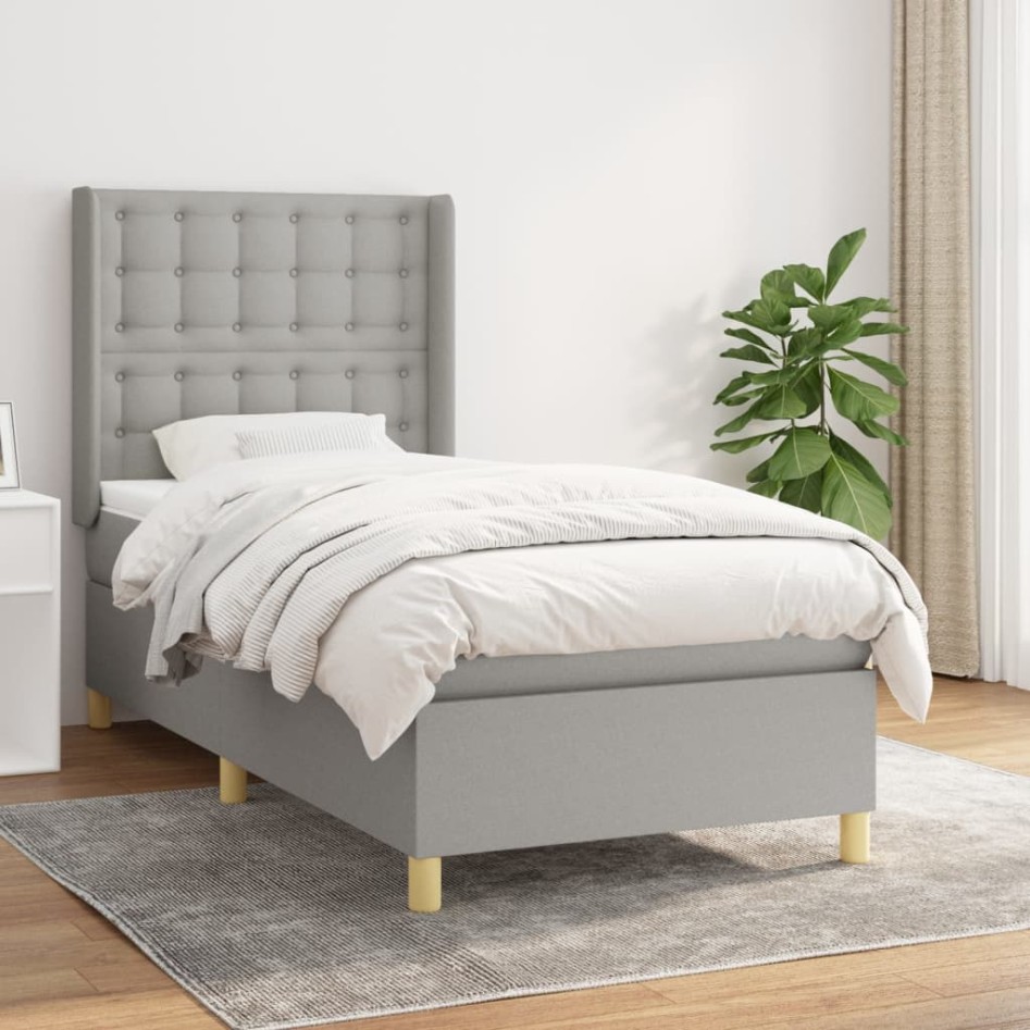 Cama box spring con colchón tela gris claro 90x200