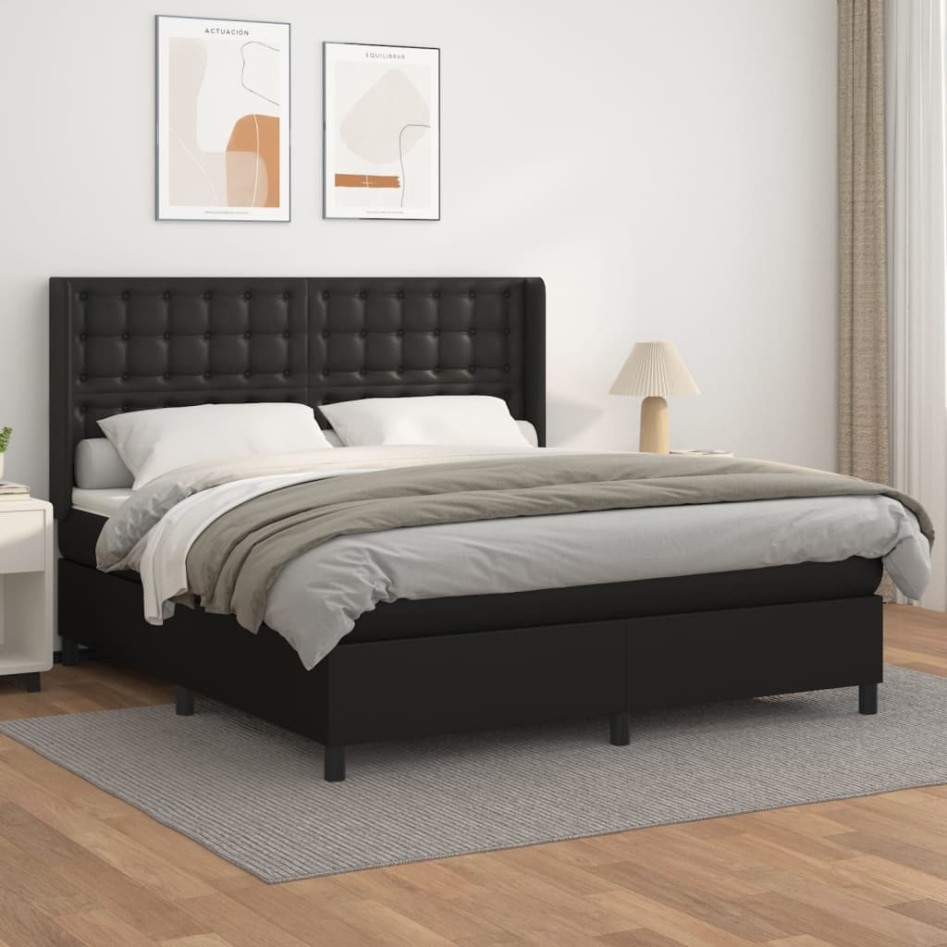 Cama box spring con colchón cuero sintético negro 160x200