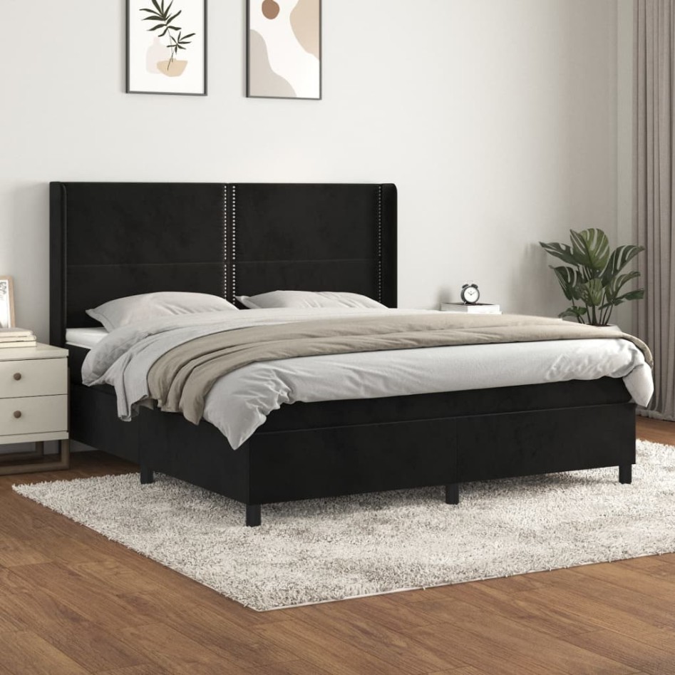 Cama box spring con colchón terciopelo negro 160x200