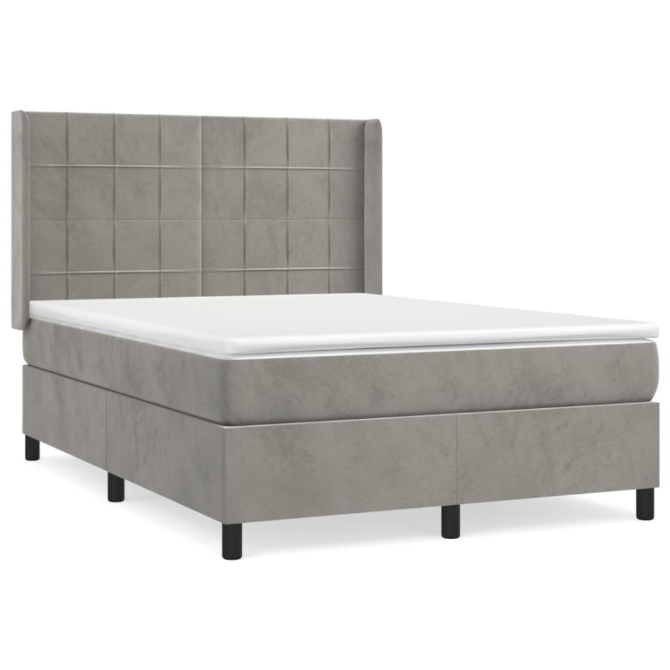 Cama box spring con colchón terciopelo gris claro 140x200