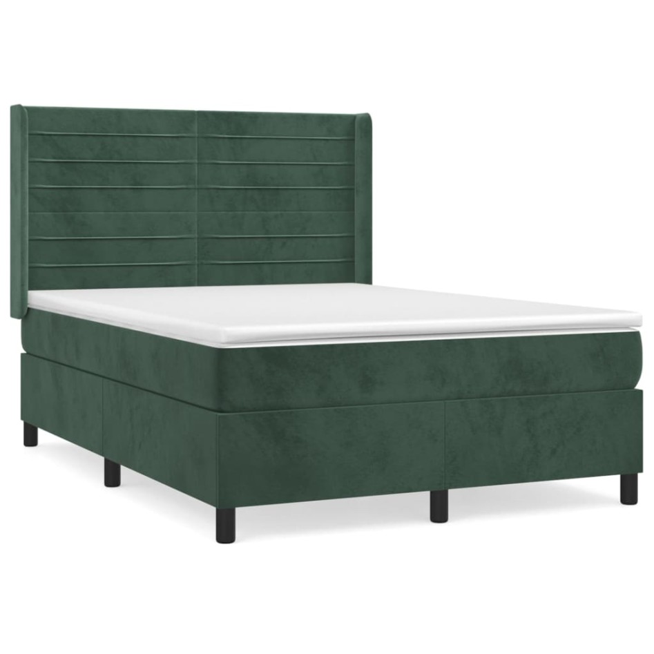 Cama box spring con colchón terciopelo verde oscuro 140x190