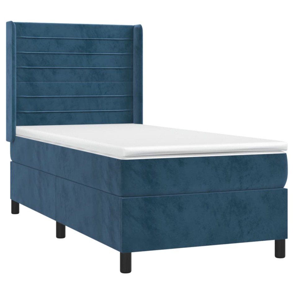 Cama box spring con colchón terciopelo azul oscuro 100x200