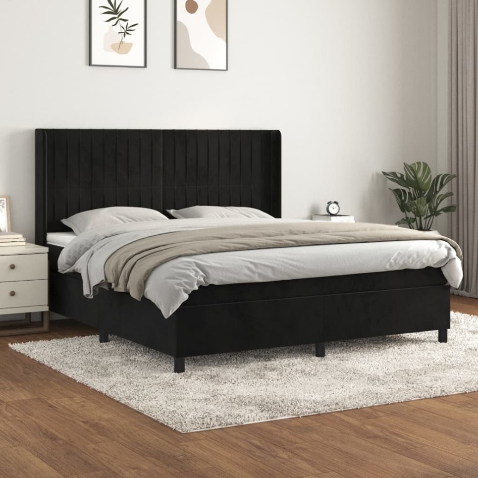 Cama box spring con colchón terciopelo negro 160x200