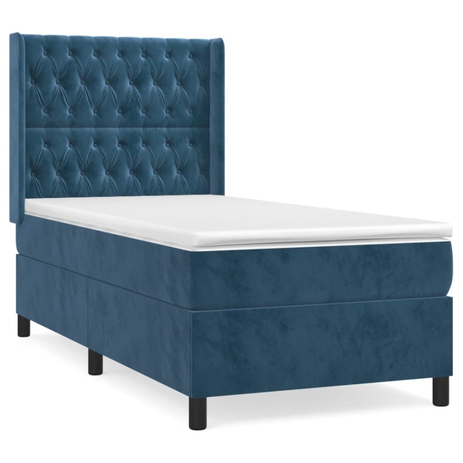 Cama box spring con colchón terciopelo azul oscuro 90x190