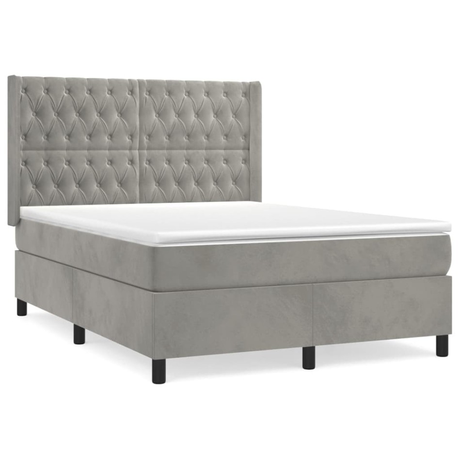 Cama box spring con colchón terciopelo gris claro 140x200
