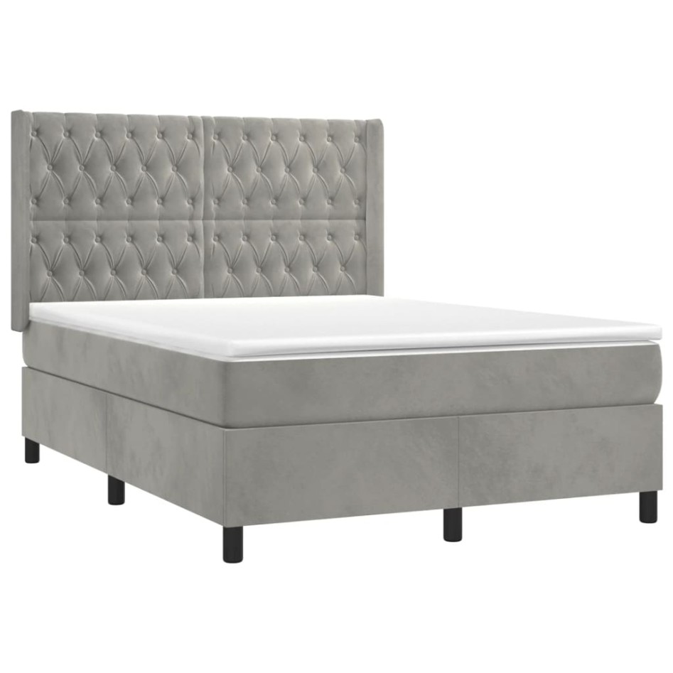 Cama box spring con colchón terciopelo gris claro 140x200