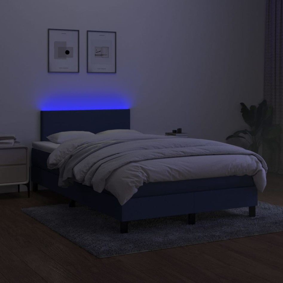 Cama box spring con colchón y LED tela azul 120x200