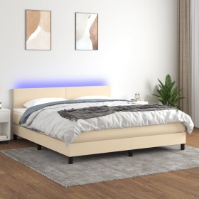 Cama box spring con colchón y LED tela crema 160x200