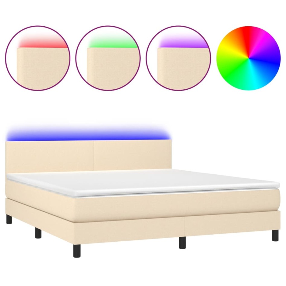 Cama box spring con colchón y LED tela crema 160x200