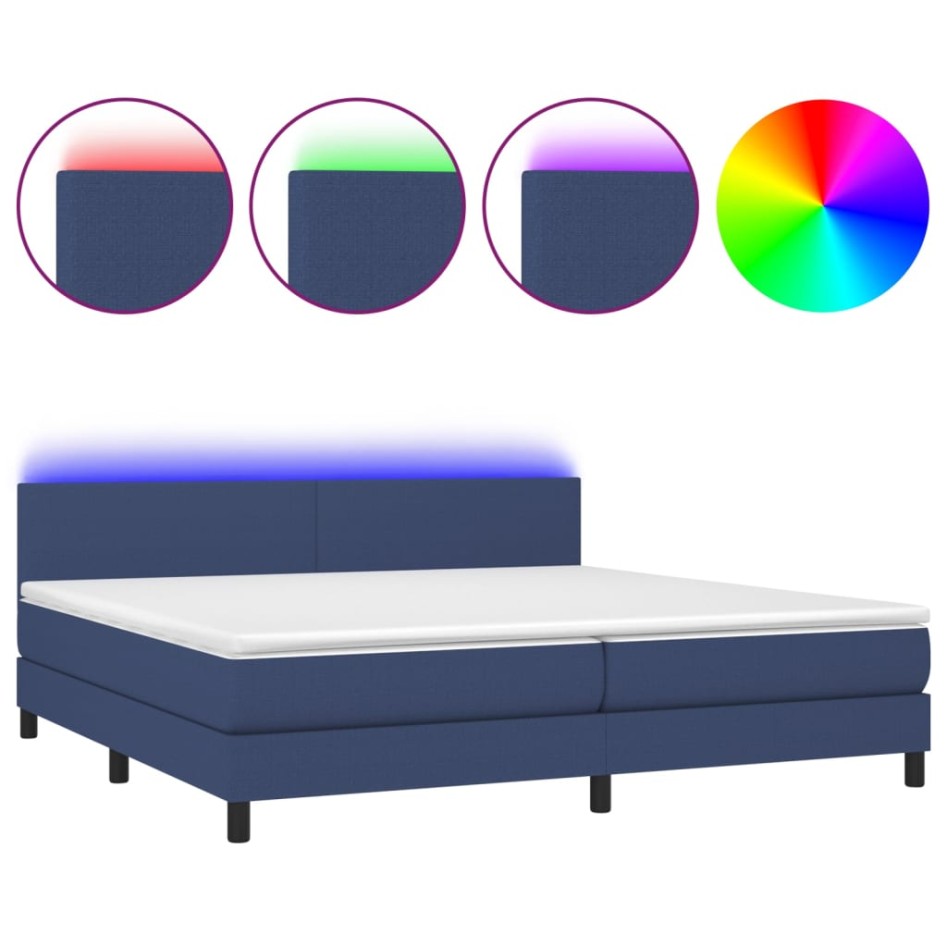 Cama box spring con colchón y LED tela azul 200x200