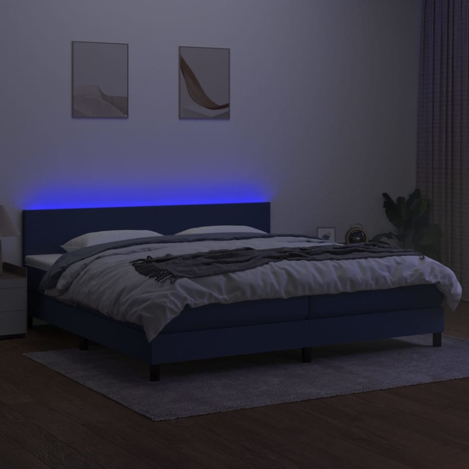Cama box spring con colchón y LED tela azul 200x200