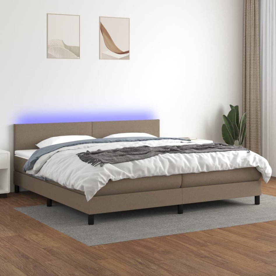 Cama box spring con colchón LED tela gris taupe 200x200