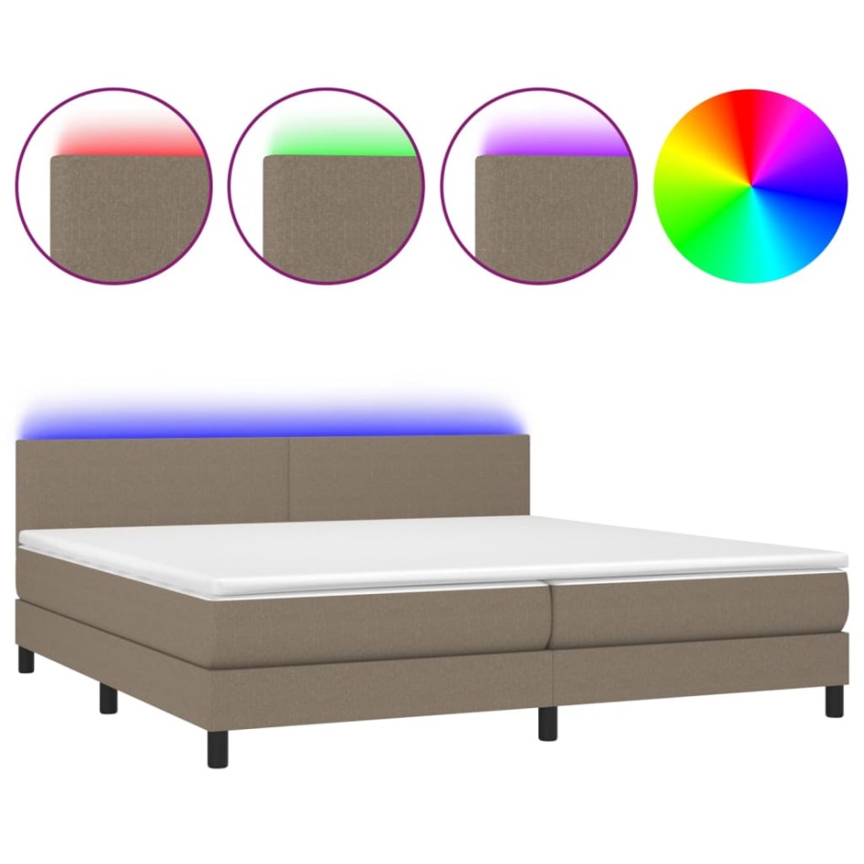 Cama box spring con colchón LED tela gris taupe 200x200