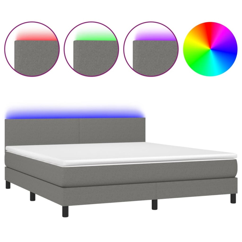 Cama box spring con colchón y LED tela gris oscuro 160x200