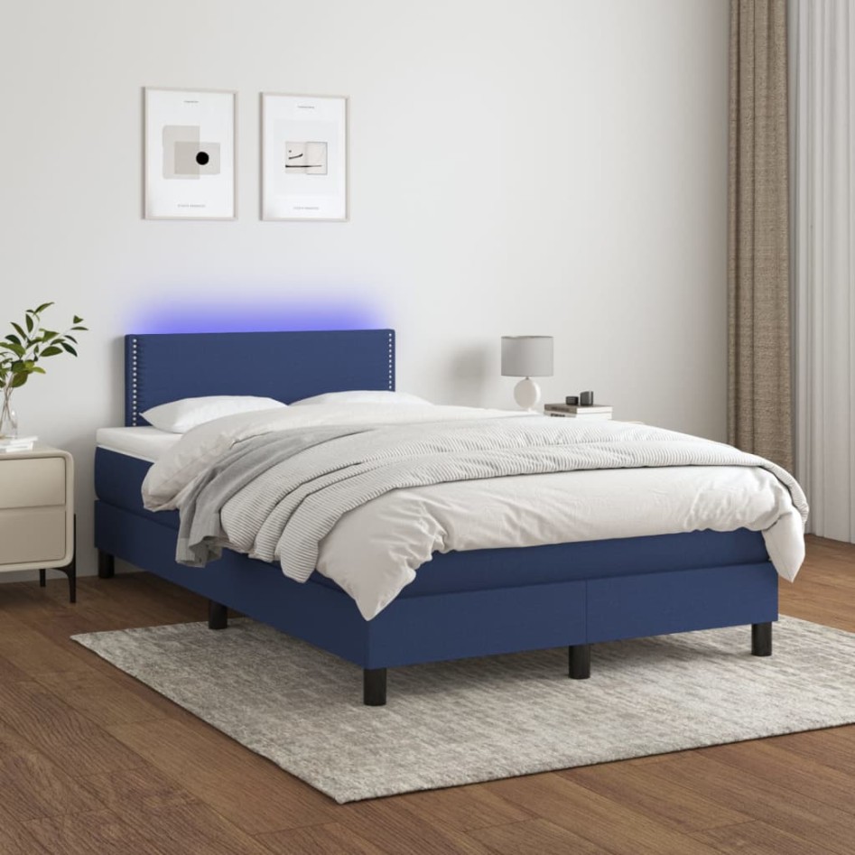 Cama box spring con colchón y LED tela azul 120x200
