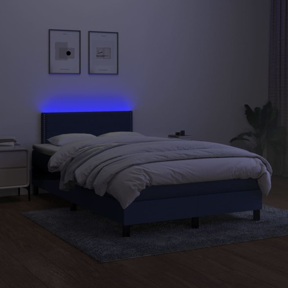 Cama box spring con colchón y LED tela azul 120x200