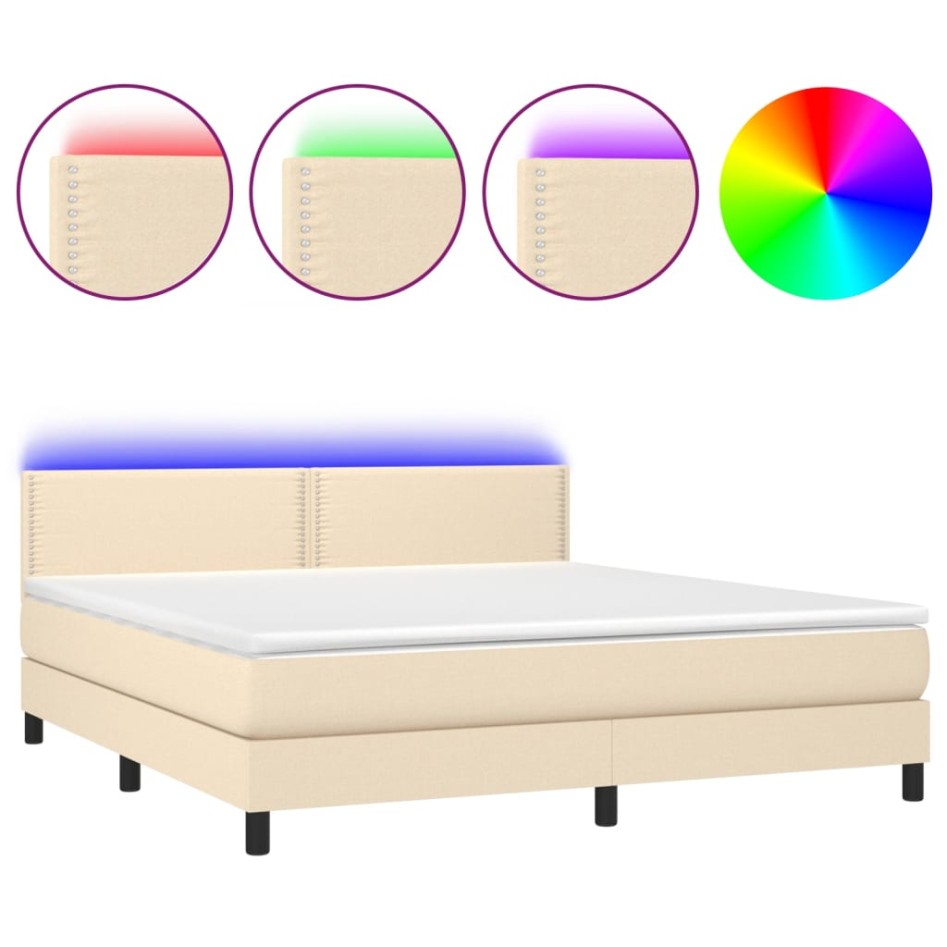 Cama box spring colchón y luces LED tela crema 160x200