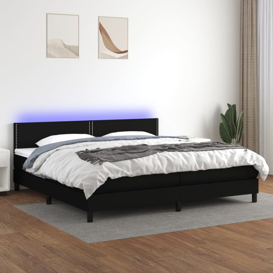 Cama box spring colchón y luces LED tela negro 200x200