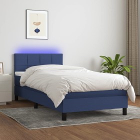 Cama box spring colchón y luces LED tela azul 80x200