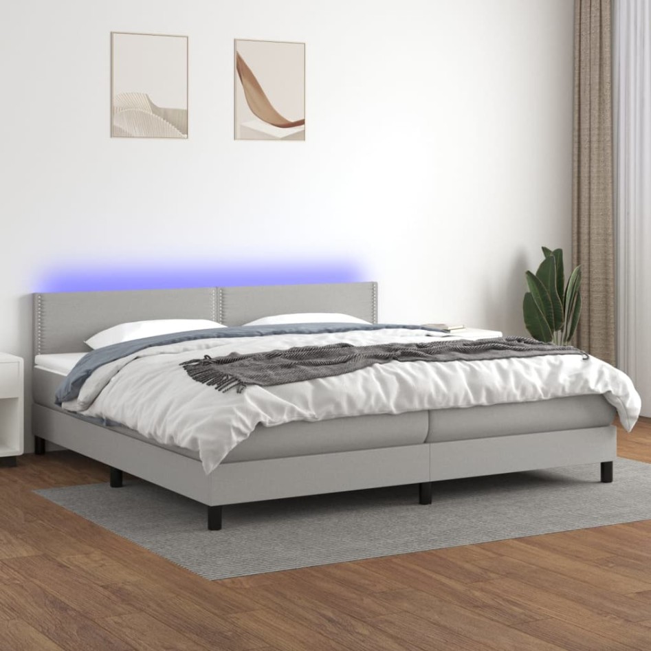 Cama box spring con colchón tela y LED gris claro 200x200