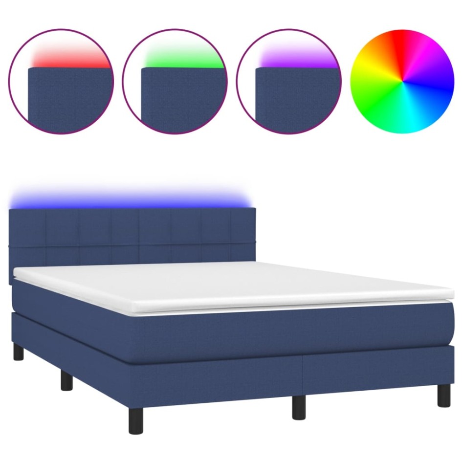 Cama box spring colchón y luces LED tela azul 140x190