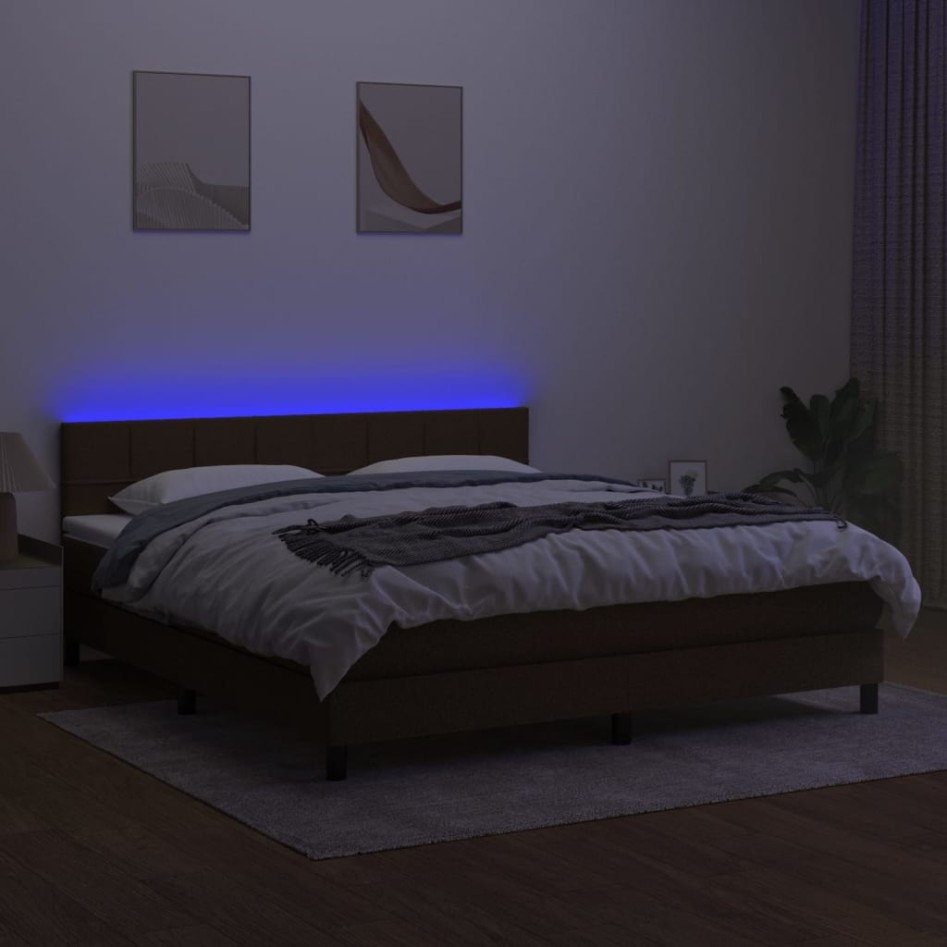 Cama box spring colchón luces LED tela marrón oscuro