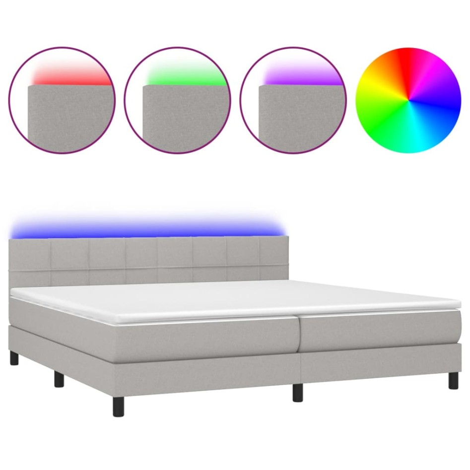 Cama box spring con colchón tela y LED gris claro 200x200
