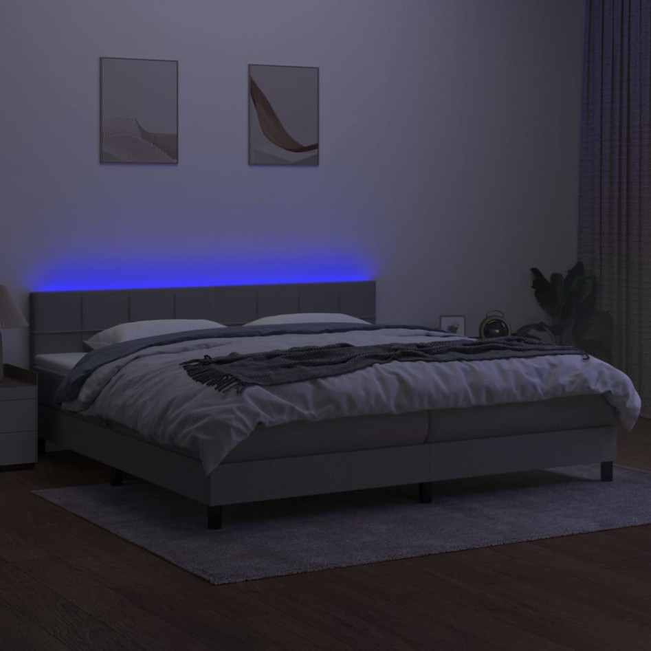 Cama box spring con colchón tela y LED gris claro 200x200