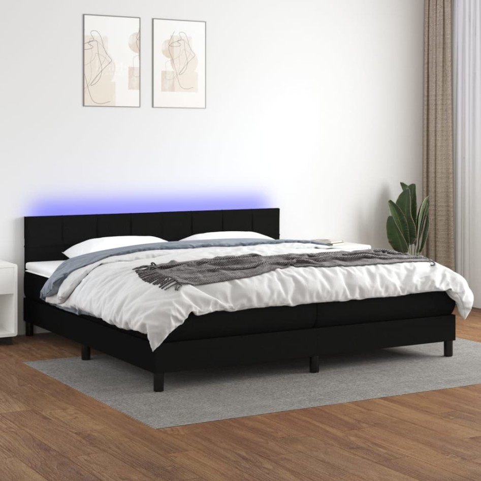 Cama box spring colchón y luces LED tela negro 200x200