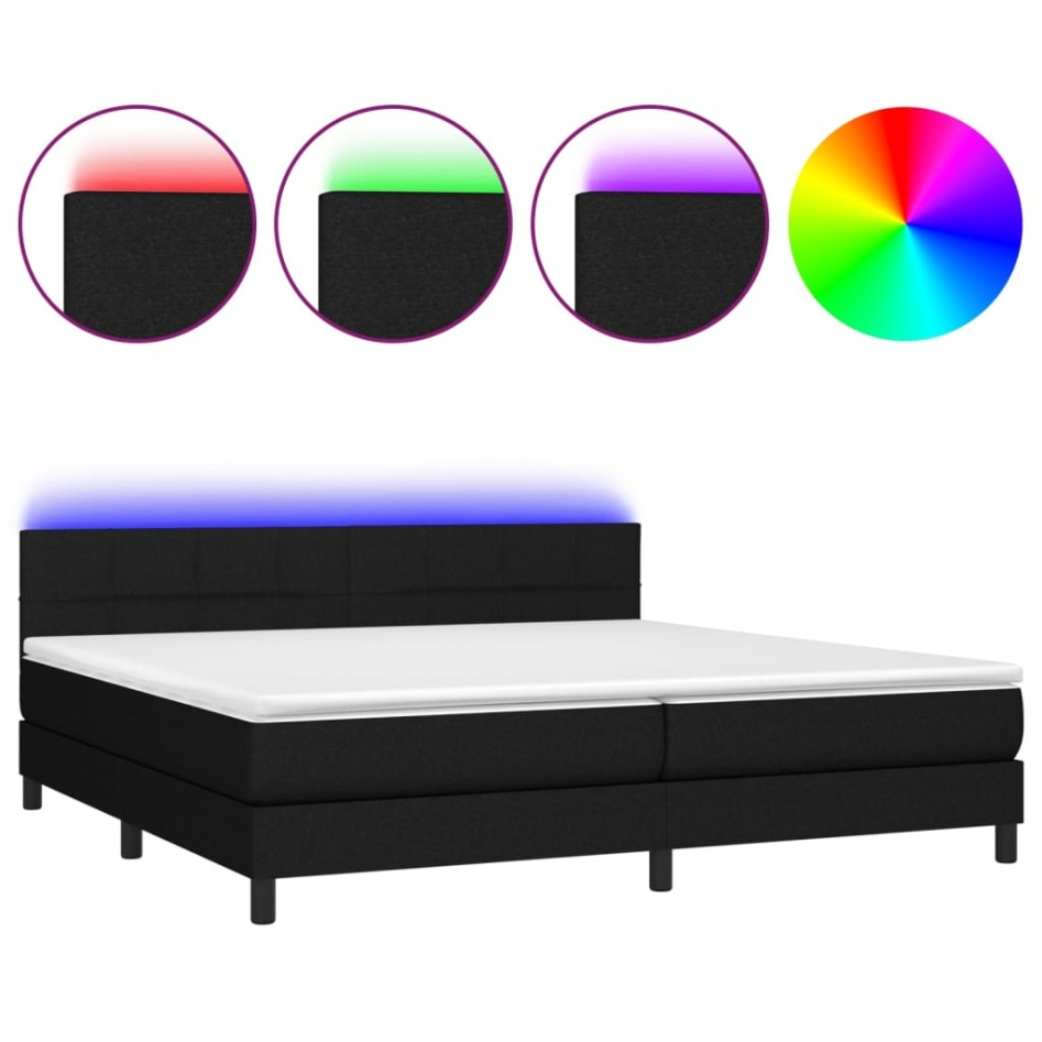 Cama box spring colchón y luces LED tela negro 200x200